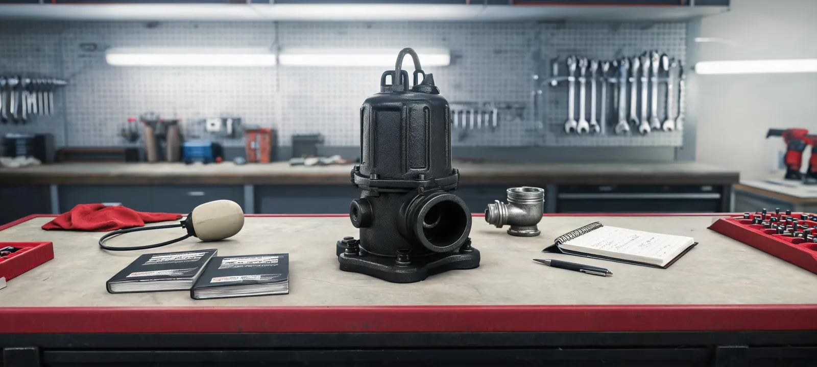 Pump service bench with manuals and replacement parts